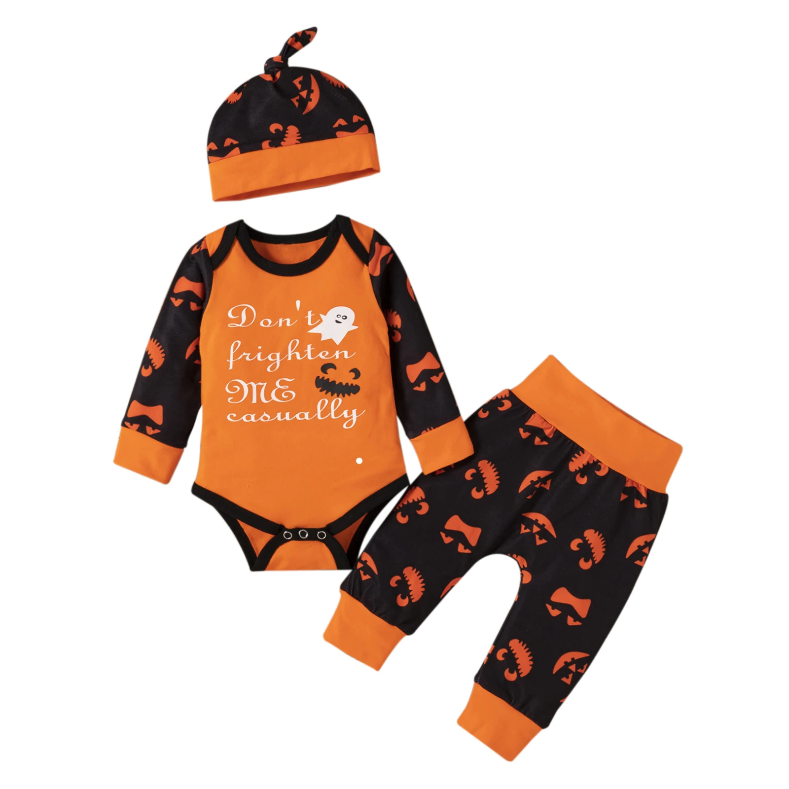 

2021 Toddler Baby Clothes Halloween Romper Pants Hat Ghost Pattern Elastic Waist Ribbed Closure Spring Children's Clothing Set