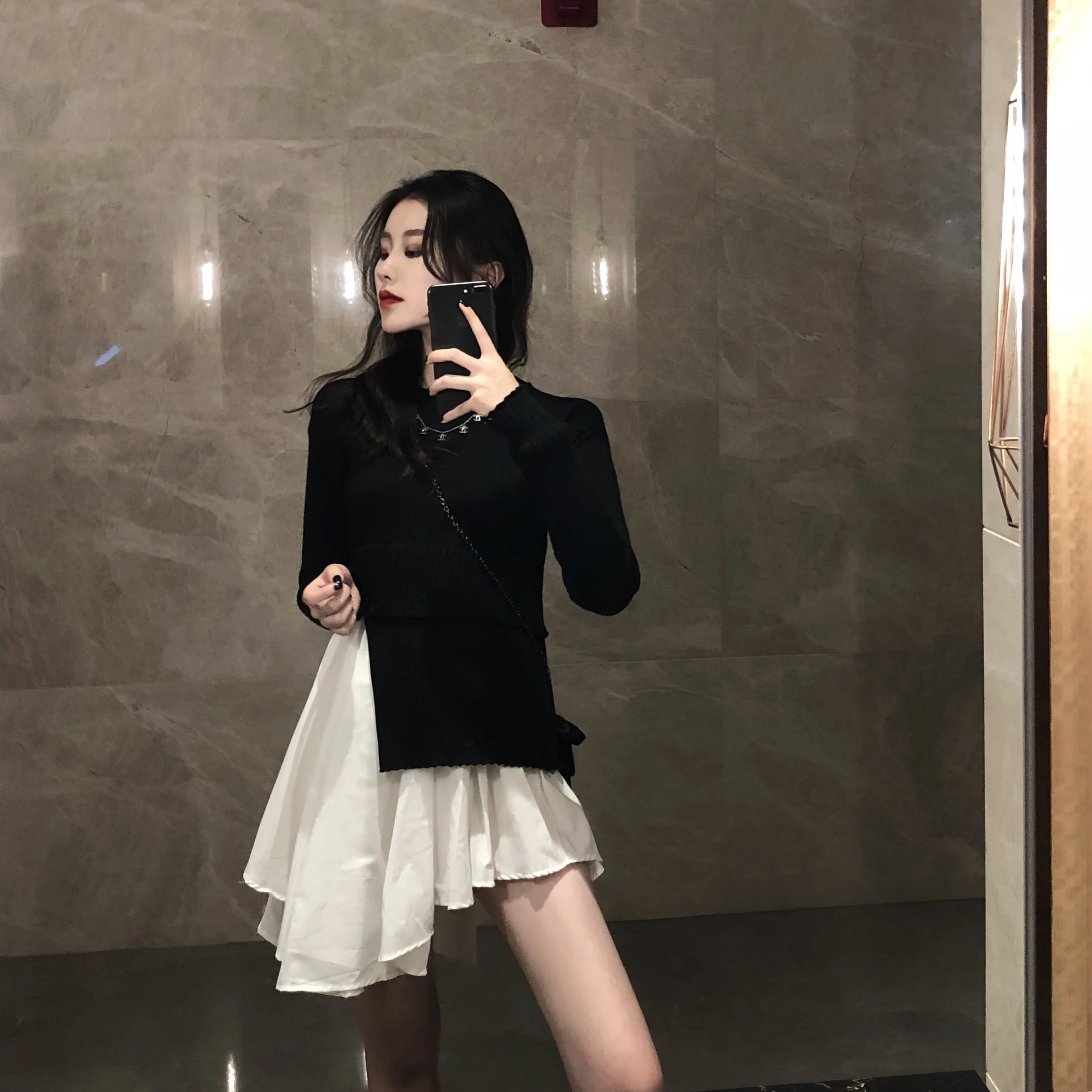 

Black Knitted Patchwork Fake Two Pieces Mini-dresses Hipster Fashion Brand Asymmetric Autumn Long Sleeve Dress New Vestidos