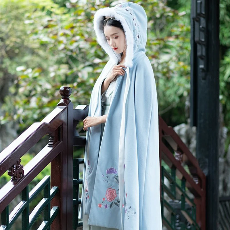Женский плащ Hanfu китайский традиционный женский зимний костюм бело голубое