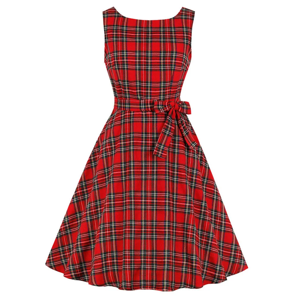 Женское винтажное платье с круглым вырезом и принтом в клетку вечернее поясом