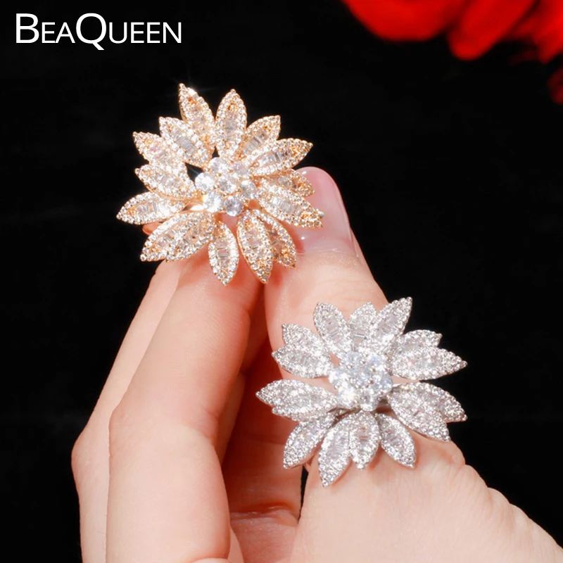 

BeaQueen Elegant Leaf Flower Big Cocktail Ring AAA+Cubic Zirconia Gold Color Engagement Party Wedding Bands Rings for Women R095