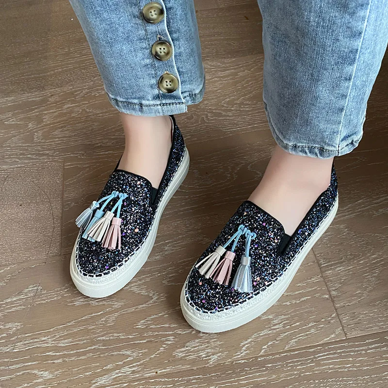 

2021 Bling Crystal Colorful Tassel Muffins Loafers Shoes Women Slip on Shallow Mocassins Paillette Fringe Espadrilles Flats