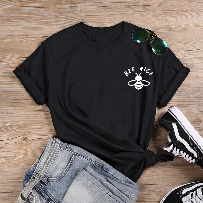

Bee Nice Graphic T Shirt Women Short Sleeve Cotton T Shirts Woman Black White Loose T Shirt Women Top Harajuku T Shirt Femme