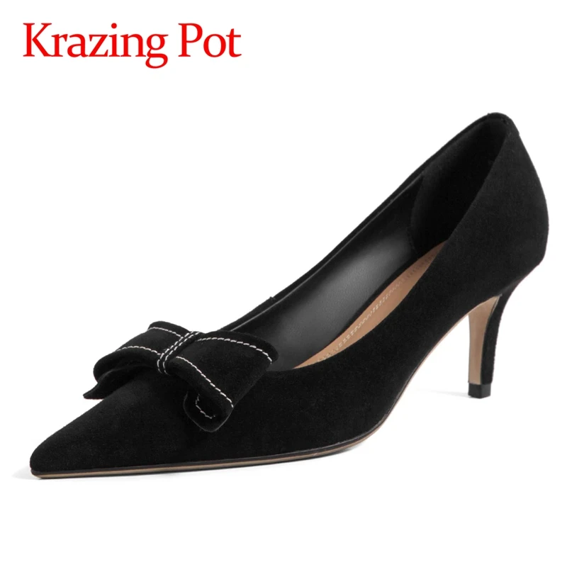 

Krazing Pot new sheep suede pointed toe butterfly-knot high street fashion gentlewomen mature daily wear slip on women pumps L17