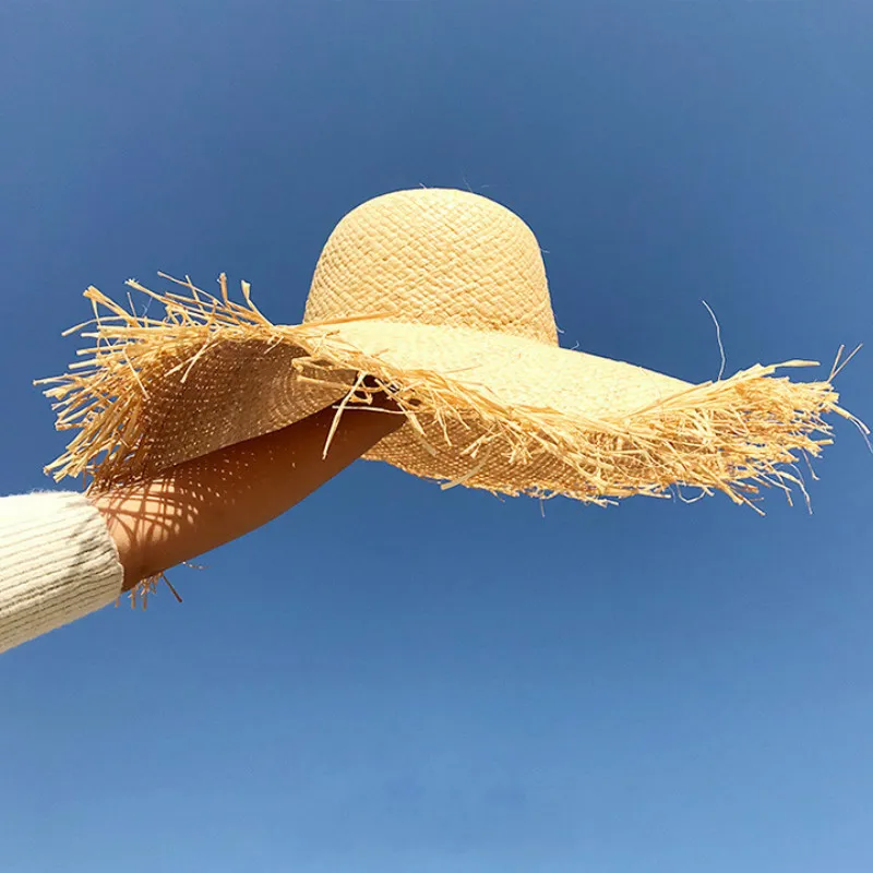 Шляпа из рафии с крупными полями женская уличная пляжная Панама от солнца ручной