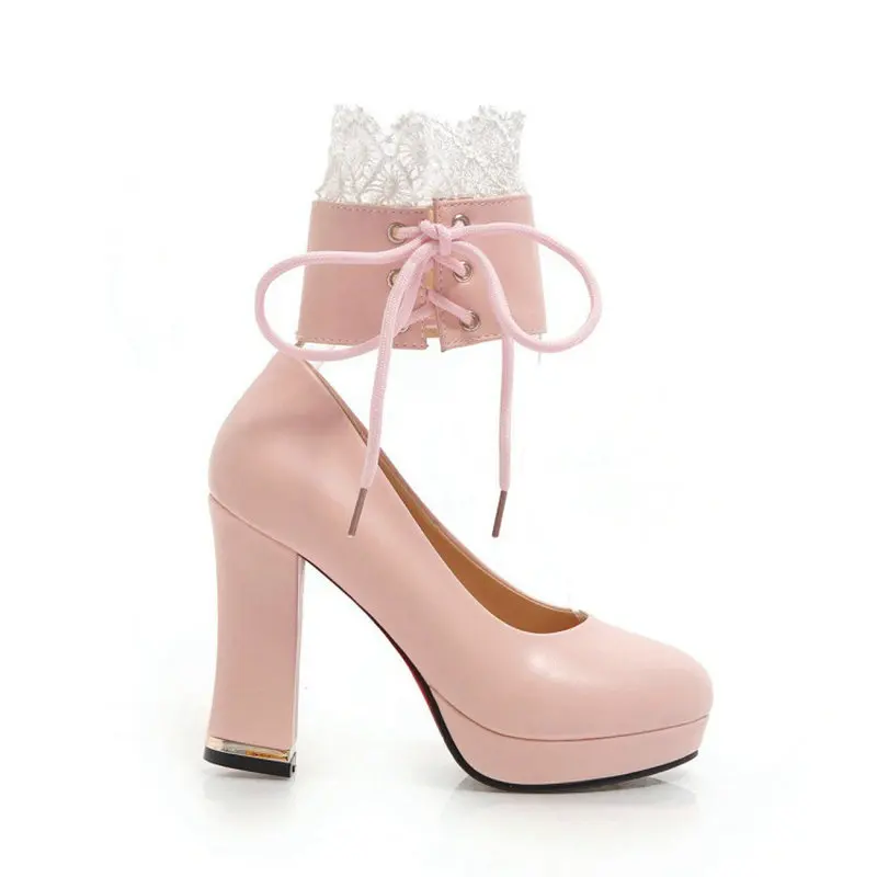 

ZawsThia Pink Autumn Ladies Pumps Round Toe Platform Thick High Heels Woman Mary Janes Ankle Lace Wrap Wedding Womans Shoes