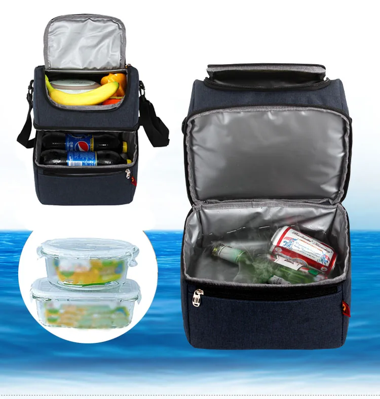 

DENUONISS Brand Insulation Bag Two Layer Fashion Women Blue Cooler Bag Refrigerated Ice Pack Cooler Bag