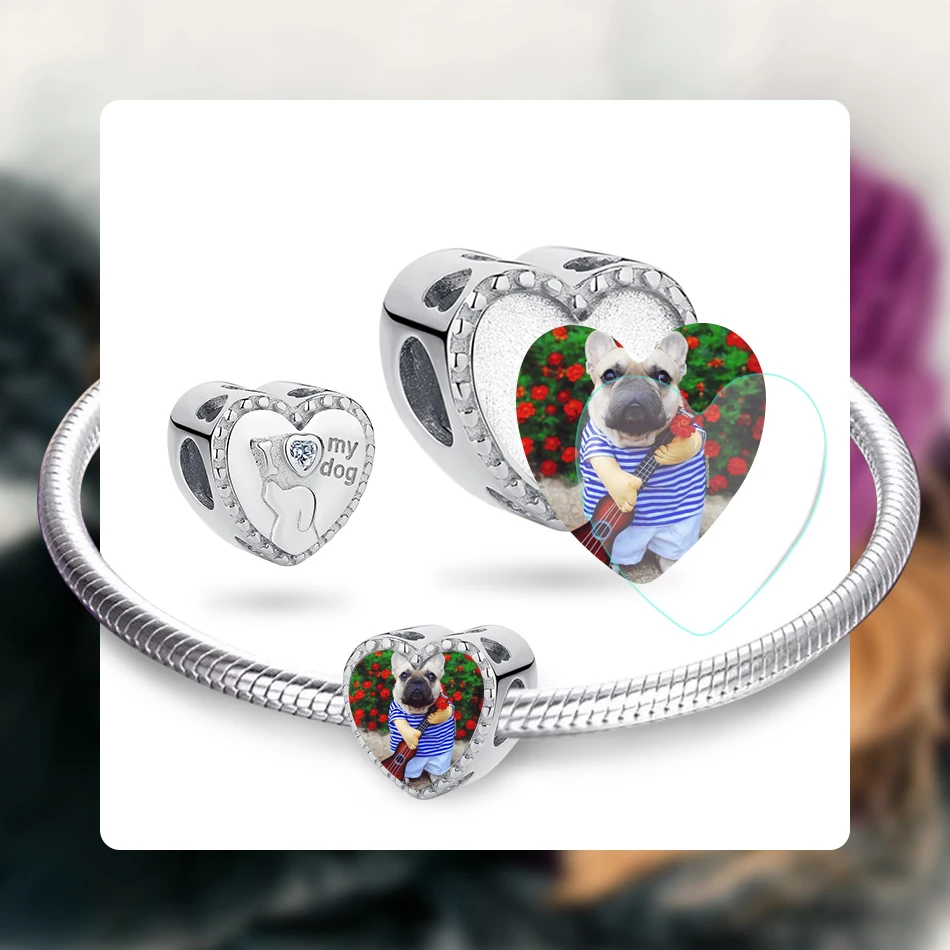 

Customized Photo Heart Charms Fit Bracelet Silver 925 Original Sterling Silver Dog Paw Print Charm Beads Jewelry Making