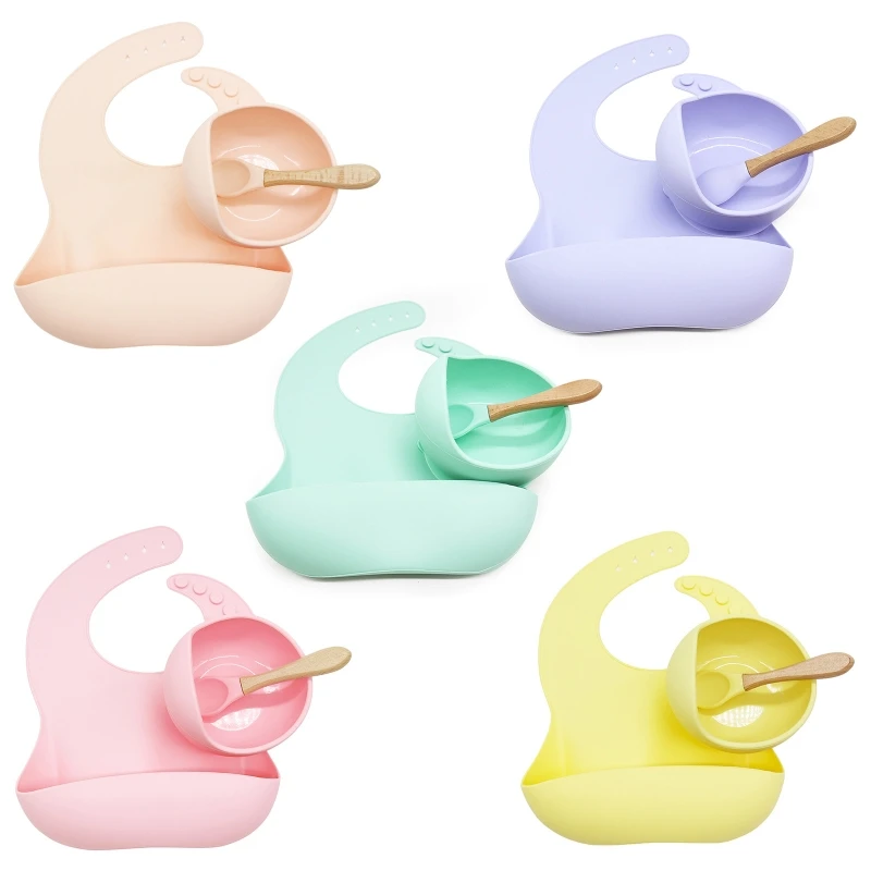 

3 Pcs Baby Newborn Bibs+Suction Dish Bowl Plate+Spoon Set Waterproof Food Grade Silicone Infants Saliva Towel Learning Kit L4MC