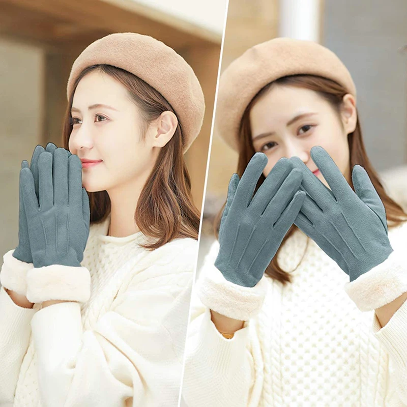 

Зимние женские двойные плотные плюшевые перчатки, замшевые кожаные уличные многофункциональные перчатки для вождения с сенсорным экраном