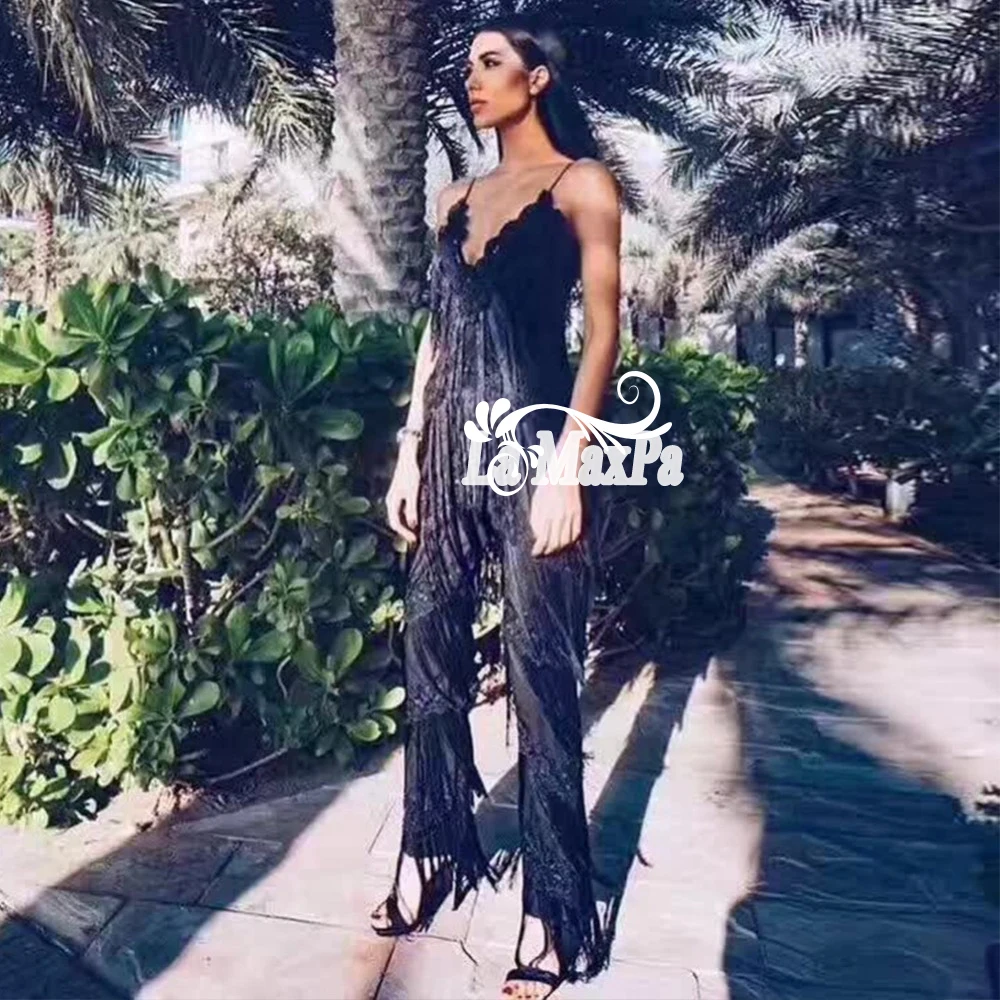 Подиумные 2020 новые знаменитости Jumsuit черные ремешки без рукавов комбинезоны с