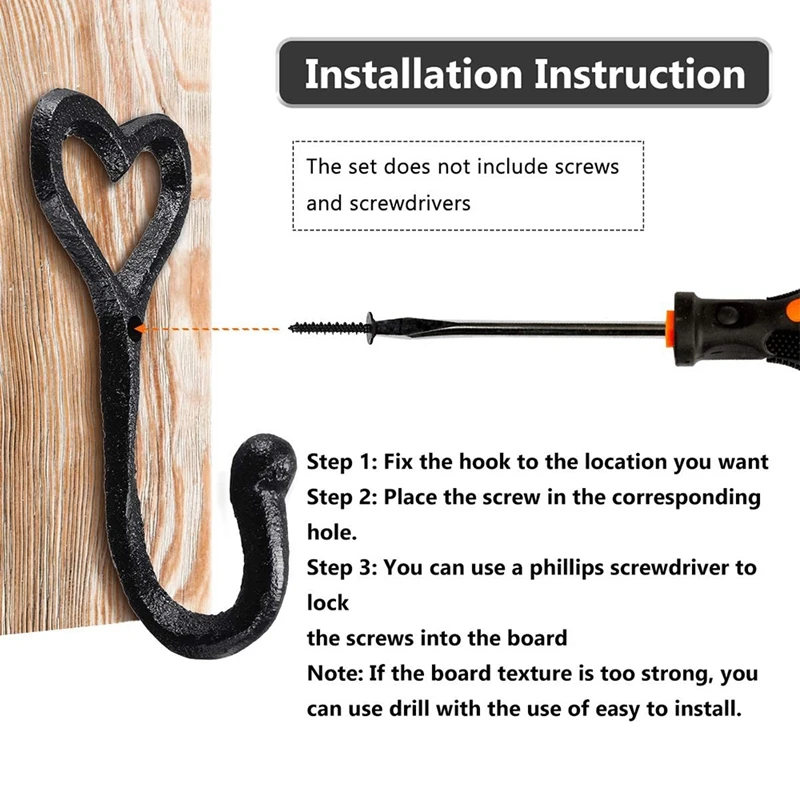 

6 Pcs Retro Iron Art Hooks,Wall Hanger Heart Shape Design,for Kitche/Home