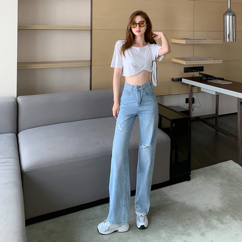 

#2292 Korean Style Vintage Blue Denim Ripped Jeans For Women Casual High Waisted Jeans Long Straight Jeans Femme Holes Summer