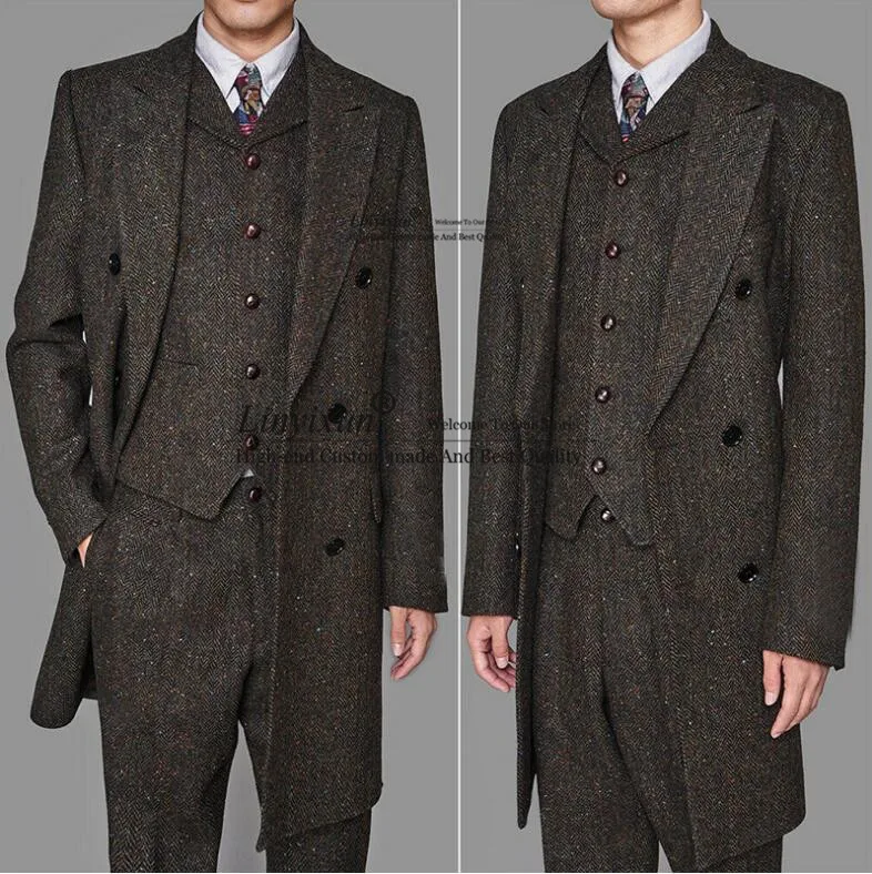 

Long Style Mans Coffee Colorful Herringbone Vintage Vested Suits Prom Dresses Groom Wear 3pcs Peaky Blinder(Jacket+Vest+Pant)