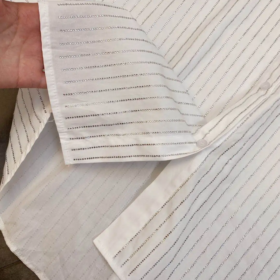 

ZCSMLL 2021 spring and summer lapel long sleeve high temperature hot drilling bingbing loose shirt with shorts niche suit