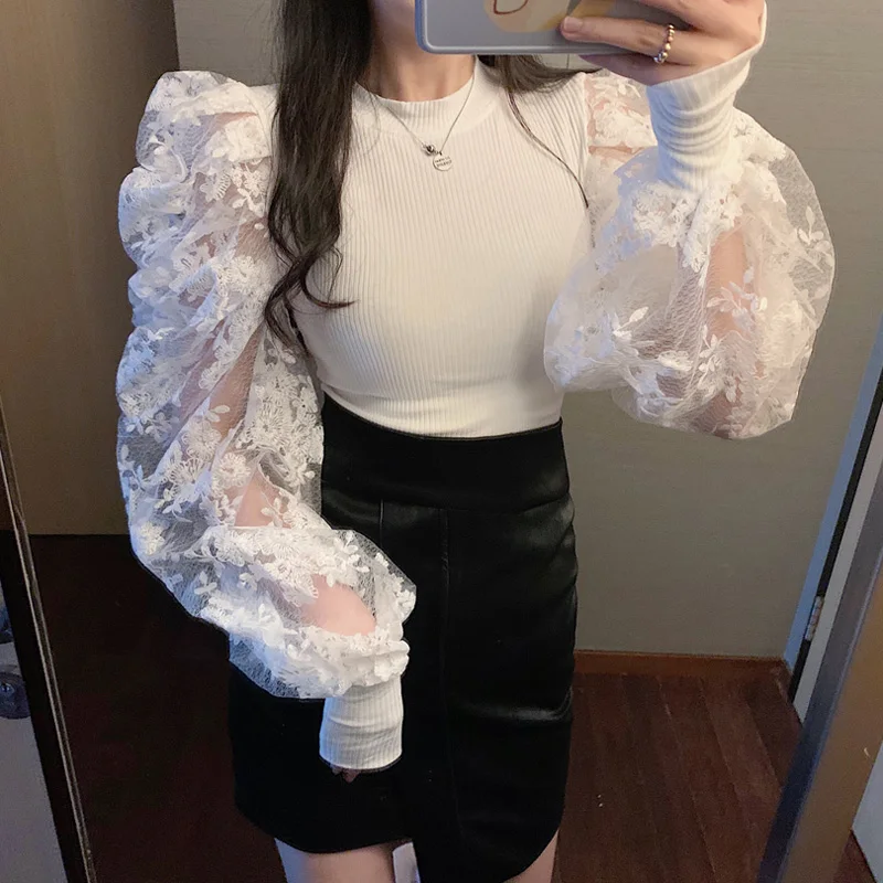 Vintage Puff Sleeve Lace Women Shirt Office Camisas Mujer Spring New Female Blouse Slim Stand Collar Woman Blouses Tops 12330 | Женская