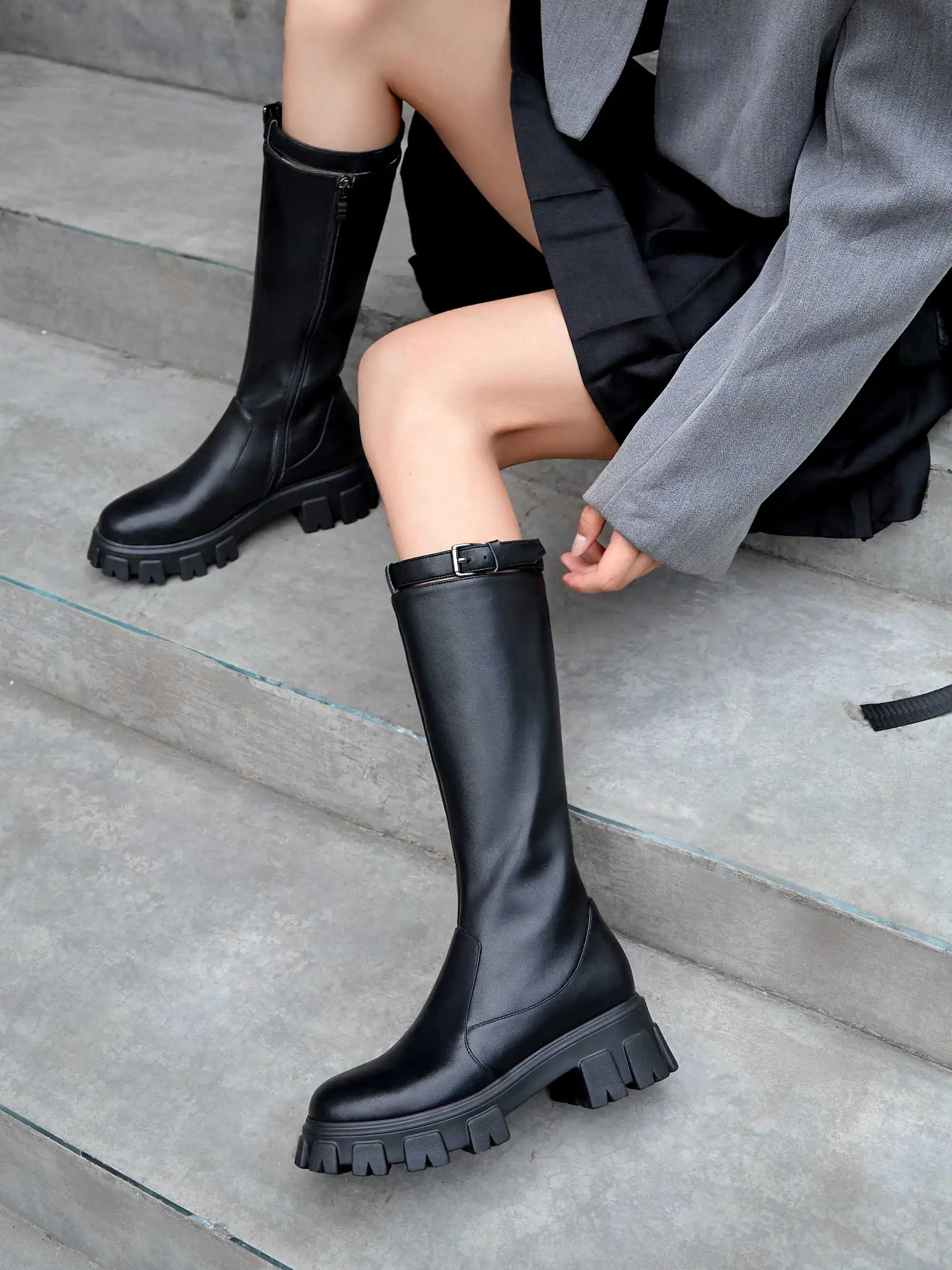 Krazing Pot/зимние теплые сапоги до колена из натуральной кожи с толстой подошвой, круглым носком, на высоком каблуке, с пряжкой, на молнии, в консервативном стиле; L77