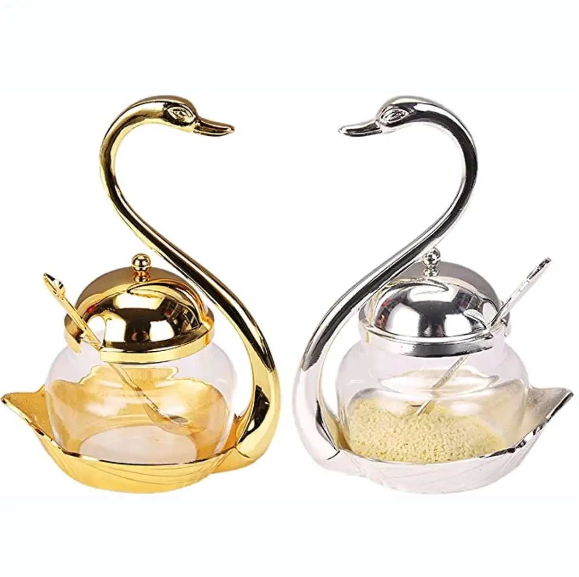 

2 PCS Condiment Pot Seasoning Container Spice Glass Jar Swan Rack with Serving Spoon Salt Sugar Bowl Pepper Storage Organizer