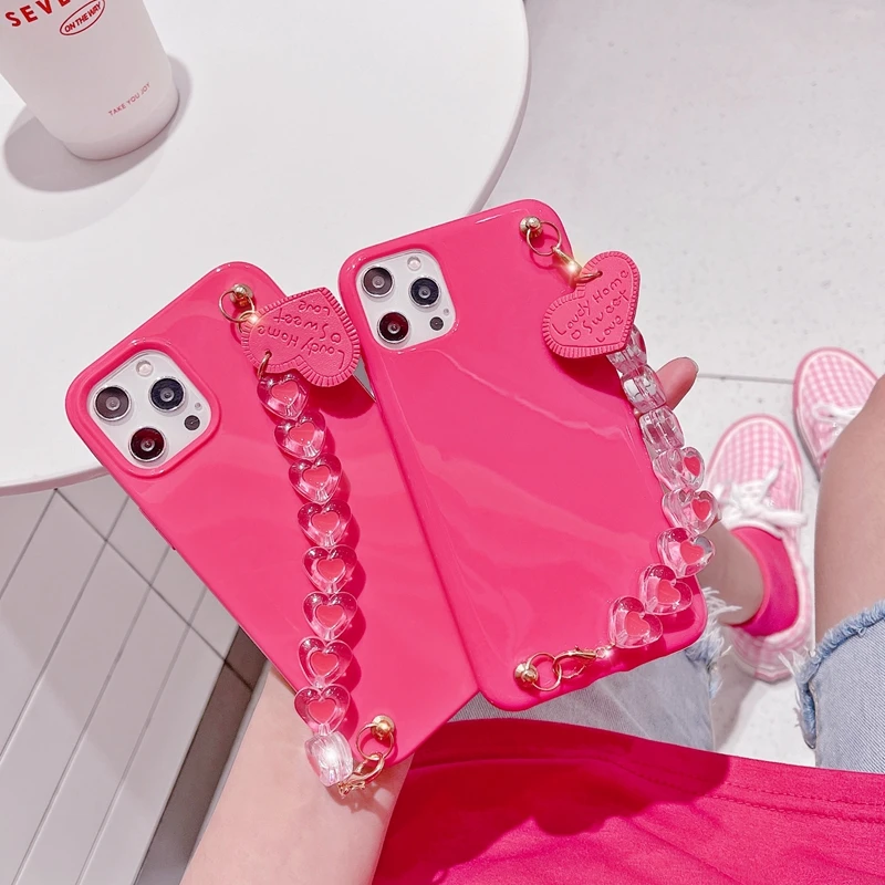 

Fluorescent Korea Cute 3D Love heart Bracelet wrist case for iphone 12 Pro Max MiNi 11 XR X XS 7 8 plus SE 2020 soft back Cover