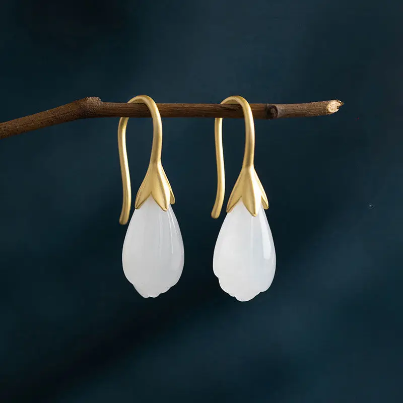 

S925 Sterling Silver Gilding's Pedicel Bud Inlaid Natural Hetian Jade Magnolia Earrings Eardrops Female Exquisite and Beautiful