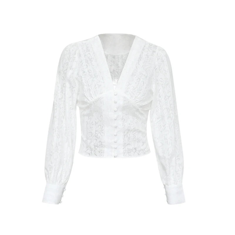 Женские блузки весна 2020 новинка прозрачные белые с высокой талией длинным