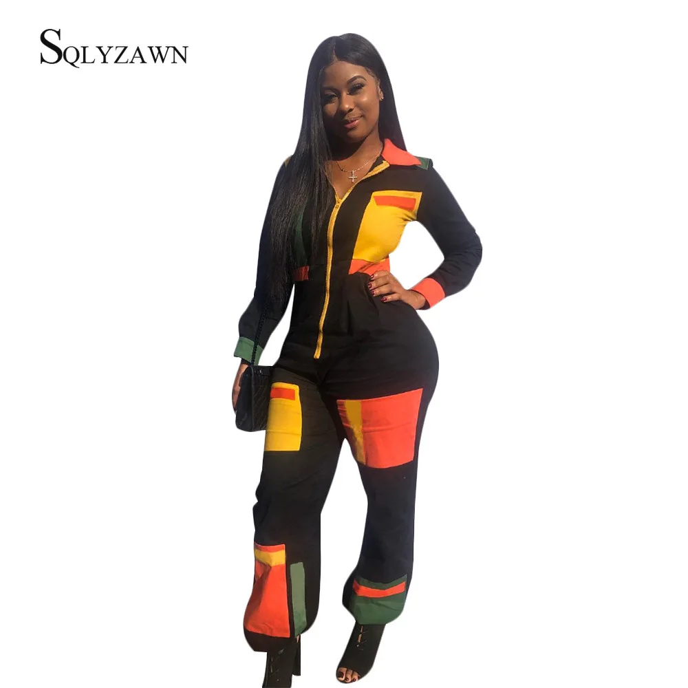 

Color Block Sexy Long Sleeve Zip Jumpsuit For Women Elegant Pocket Patchwork Womens Long Jumpsuits 2020 Summer Romper Overalls