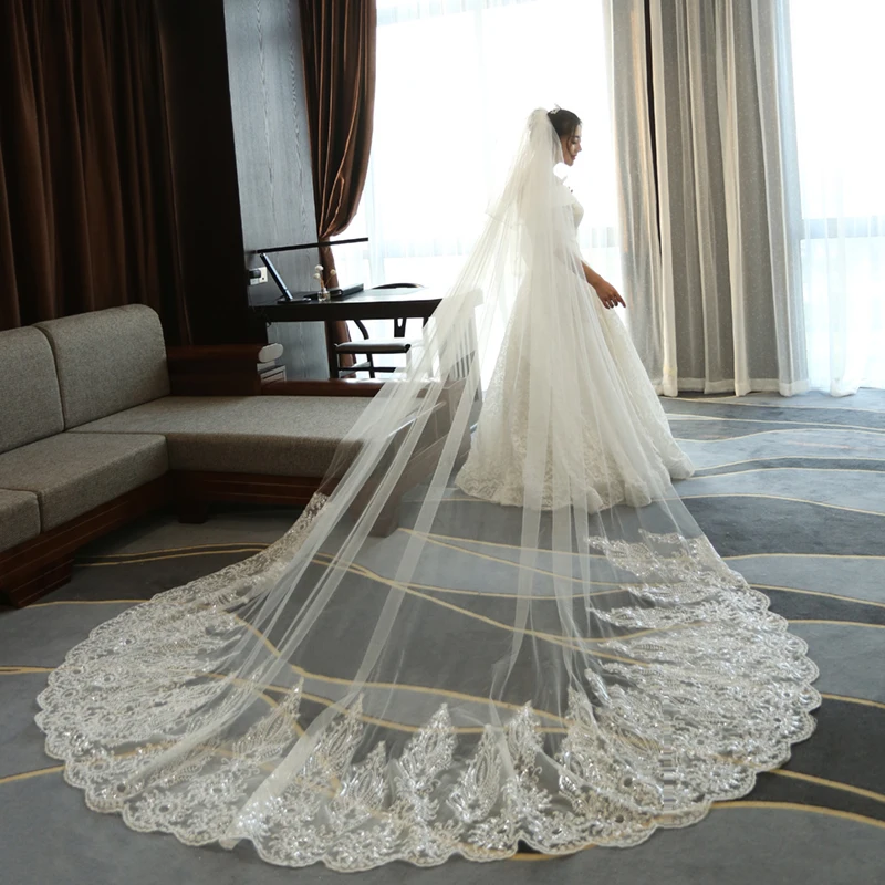 3 Meter White Ivory Cathedral Wedding Veils Long Sequins Lace Edge Veil With Comb Accessories Bride Veu | Свадьбы и торжества