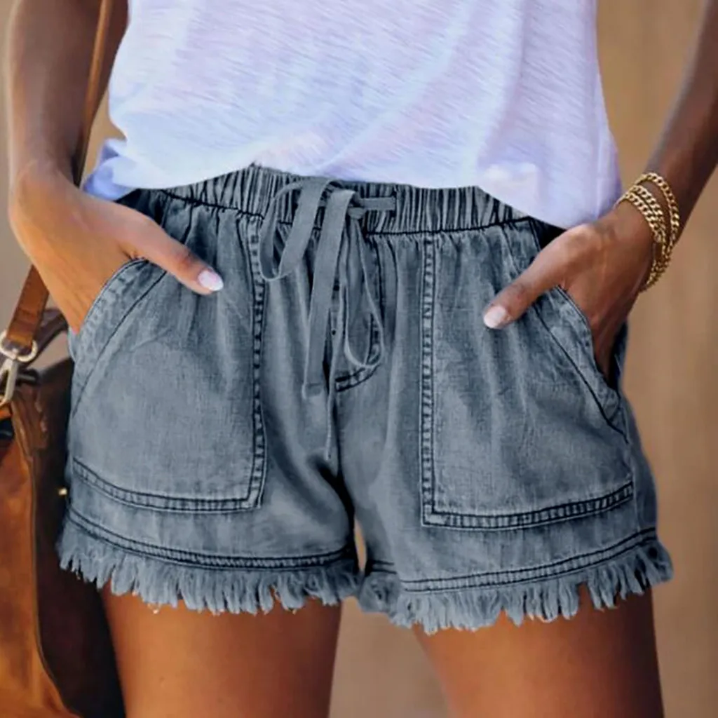 

Vintage Summer Womens Shorts Pocket Jeans Denim Female Tassel Bandage Bottom Casual Femme Shorts Causal Women Bermudas 4