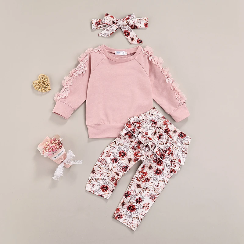 

3Pcs Newborn Infant Baby Girls Outfit Autumn Toddlers Round Collar Lace Long Sleeve Tops + Pants + Headwear Lovely Clothes Set