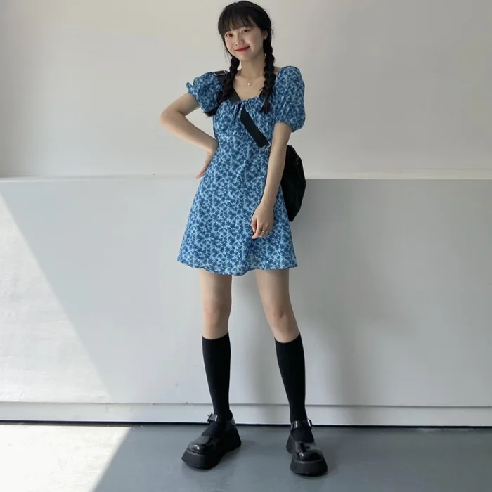 

Women's Dress 2020 New Summer Bubble Sleeve Square Collar Floral Skirt Waist Slimming Gentle Elegant Style Dress