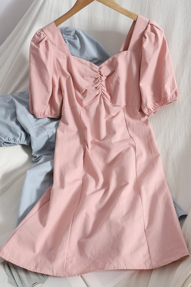 

Folded square neck puff sleeve temperament mini vintage dress pure color bag hip short dress summer A-line Dress female vestido