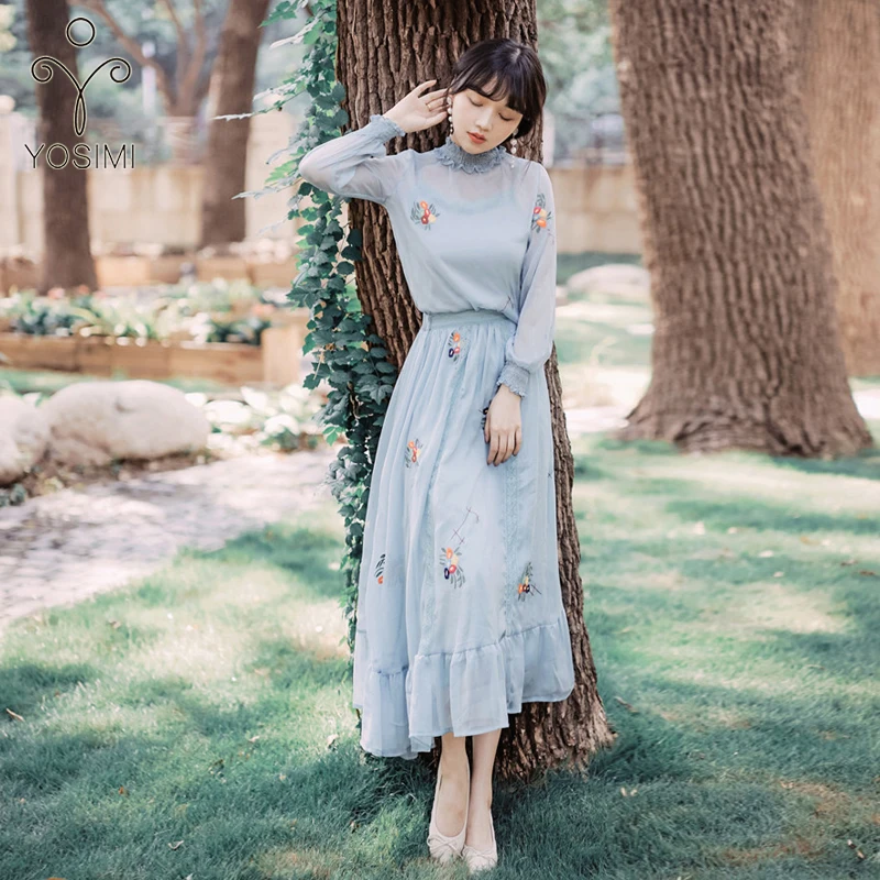 YOSIMI Maxi Chiffon Red Long Women Dress Bohemian V-neck Lantern Sleeve Full Sleeve Ankle-lenght Female Dress with Sashes