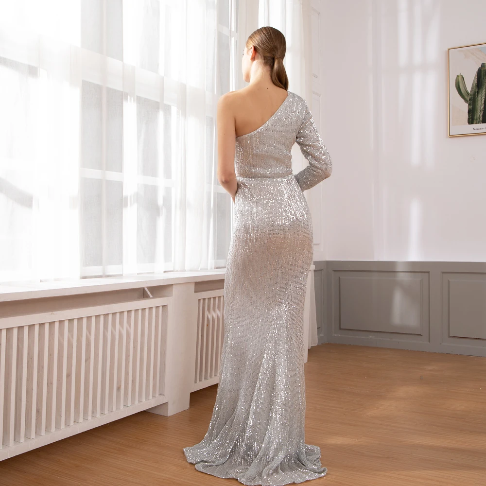 Платье макси с блестками одним рукавом и открытым плечом|Женские платья| |