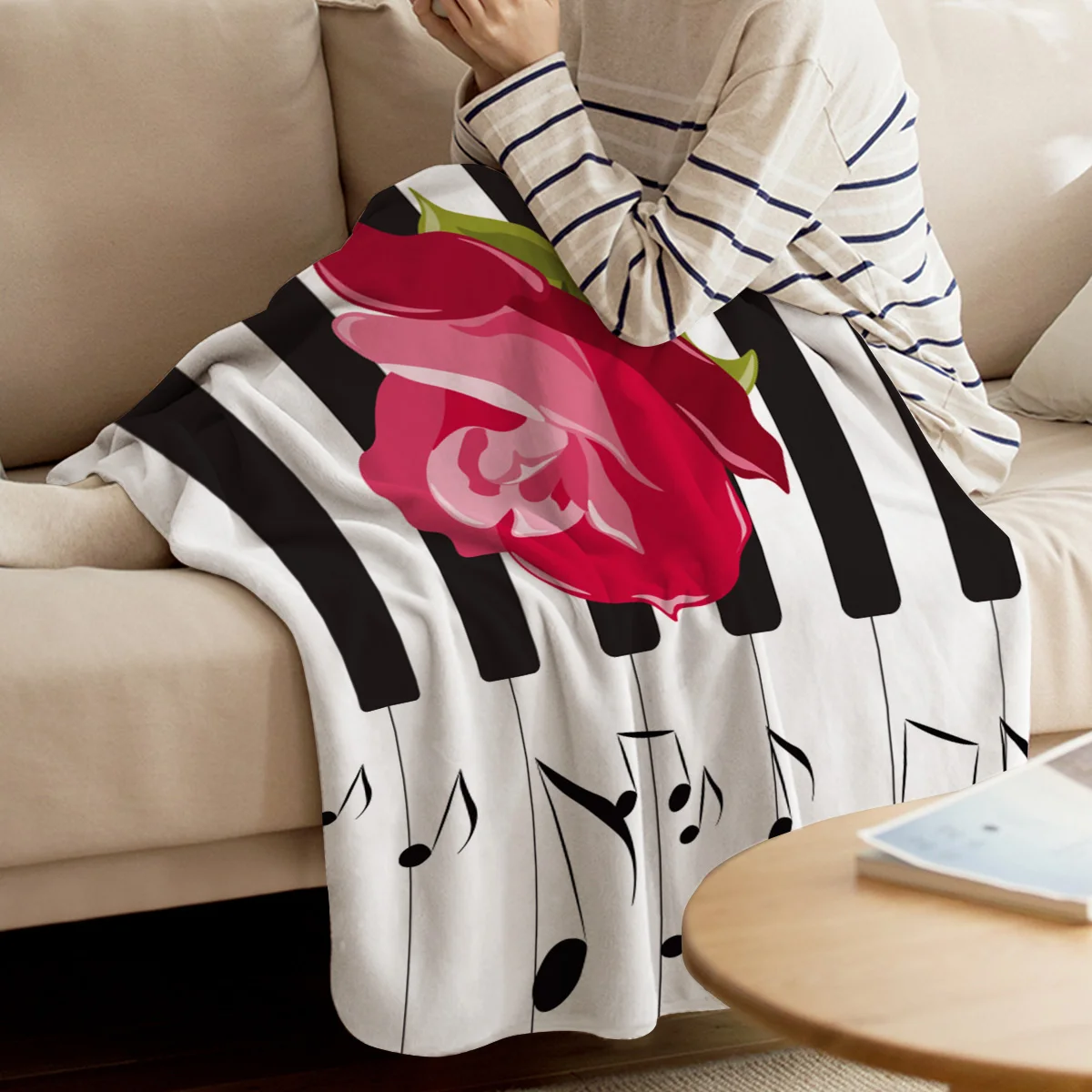 Мягкое теплое Флисовое одеяло кораллового цвета пианино музыка розы любовь
