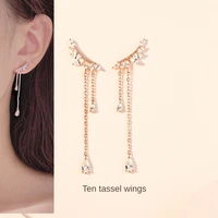 real 925 sterling silver new fashion womens jewelry zircon long tassel earrings retro temperament wings earrings rose gold
