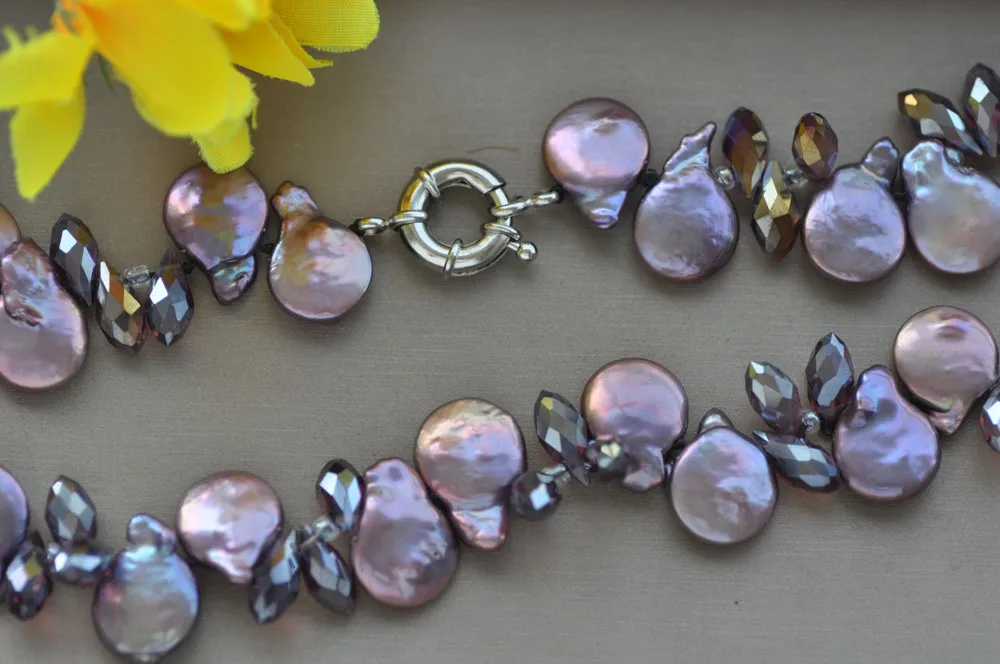 

Z10906 21" ~60" 14mm Purple Coin Pearl & Faceted Drop Crystal Necklace