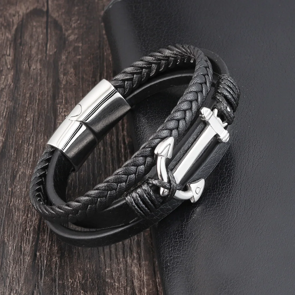 

New Fashion Men Jewelry Anchor Bracelet Leather Rope Bracelet Stainless Steel Buckle Hand Chain Punk Leather Wrap Bracelet