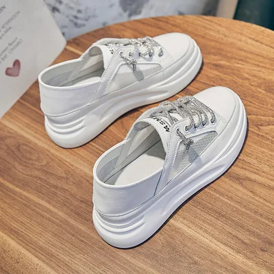 

Water white small drill shoelace shoes summer breathable mesh leather thick soles heightened muffin leisure board shoes walking