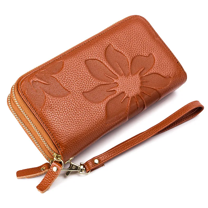 

Genuine Cow Leather Women Double Zipper Long Wallet Large Capacity Ladies Purse Phone Bag Credit Cards Holder Money Clutch