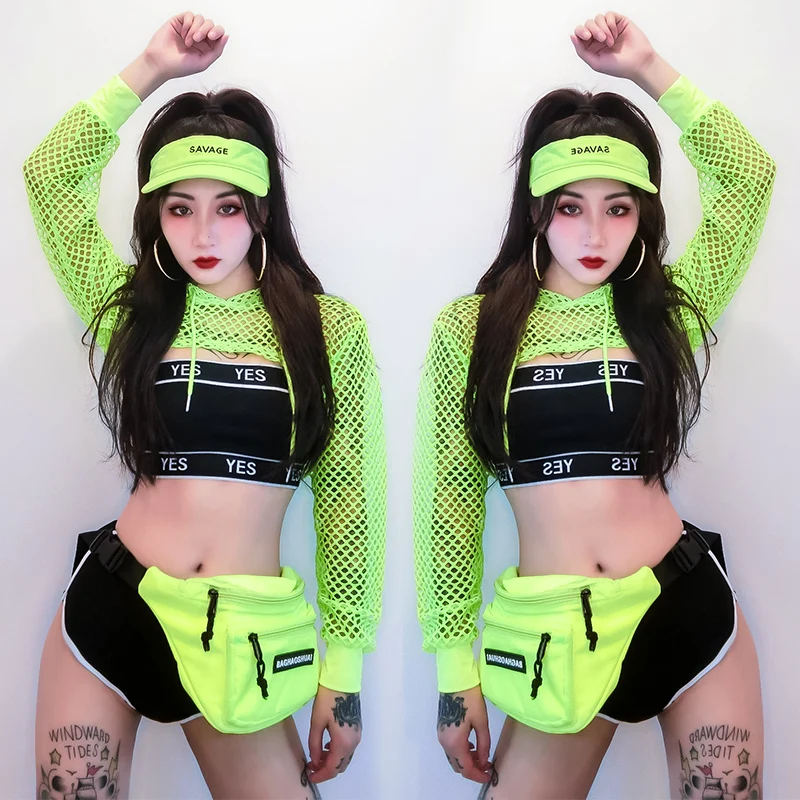 

2020 New DS Costumes GoGo Nightclub Bar Hip-Hop Jazz Dance Costume Female Singer DJ Fluorescent Green Hollow Mesh Suit DWY3546