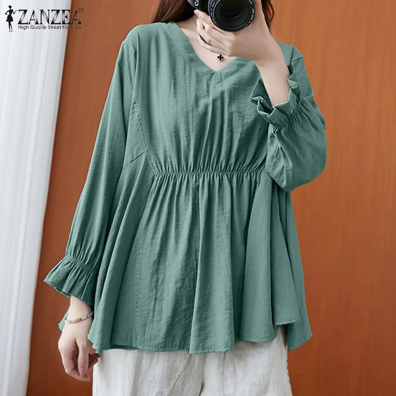 

ZANZEA Fashion Female Tunic Solid Baggy Ruffle Chemise Tops Autumn Elegant Long Flare Sleeve Shirt Women Casual V Neck OL Blouse