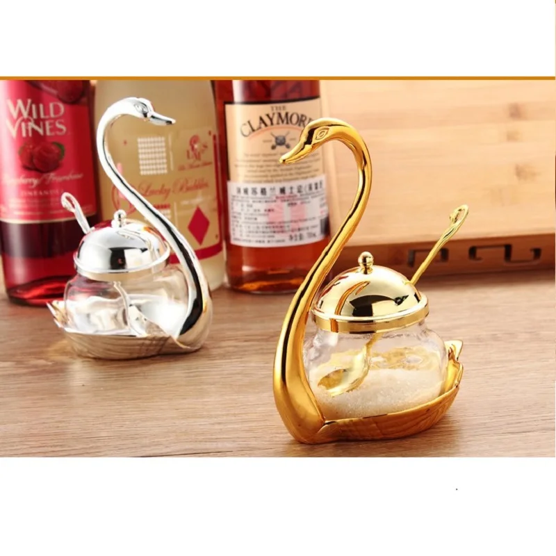 

(2pcs) Swan Spice Jars Zinc Alloy Glass Salt Pepper Seasoning Jars Bottles