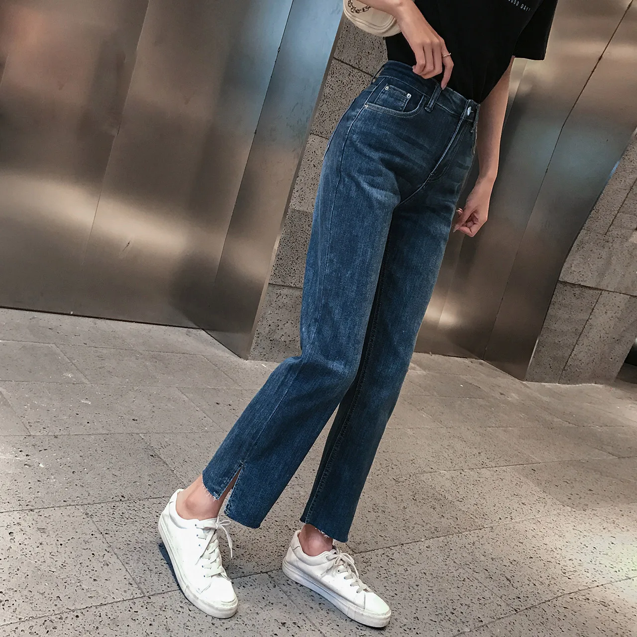 

TongSiHai Jeans Women 2021 New High Waist Stretch Ankle-length Pants Girl Student Loose Cotton Elastic Straight Denim Pants