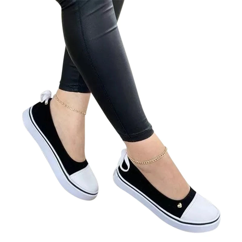 

Single Shoes Women Spring Autumn Canvas 2021 New Flat Round Toe Mixed Color Bow Casual Fashion Shoe Ladies Comfort Large Size