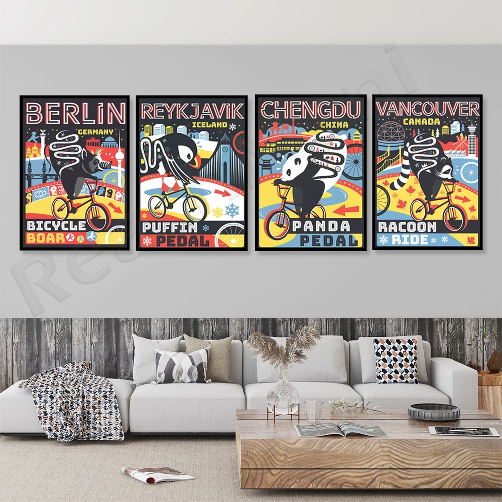 Плакат с велосипедом Берлин дикий кабан животное Чэнду панда катание постер