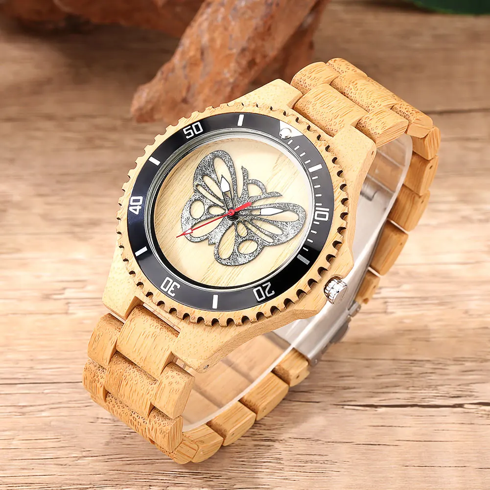 

Watch for Man Quartz Watch Bamboo Watch Silver Butterfly Surface Folding Buckle Wordless Three Beads Vintage Gift Best Choice