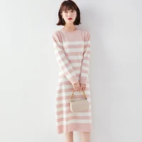 new elegant striped long sleeved dress base knitted skirt s mid length fashion spring and autumn 2021 women midi dress a line