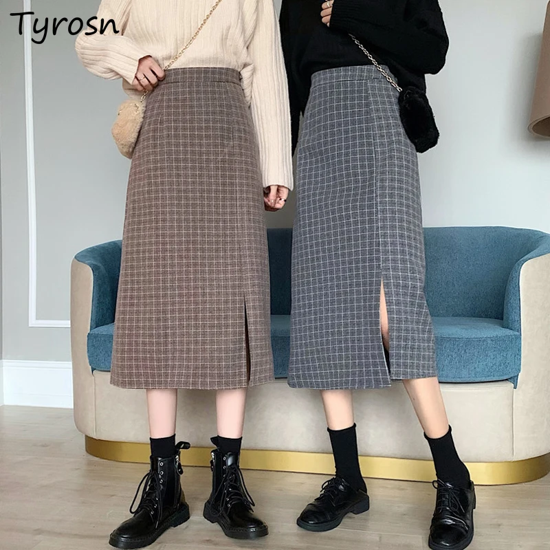 

New Retro High Waist Skirts Side-slit All-match A-line Elegant Autumn Winter Midi Faldas Women Streetwear Casual Zipper Woolen