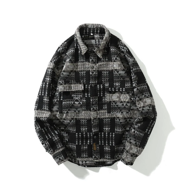 

Laamei Men's Casual Button-Down Shirt Jacket Autumn Thin Coat Long Sleeve Vintage Jacket Japanese Ukiyo Geometry Patchwork