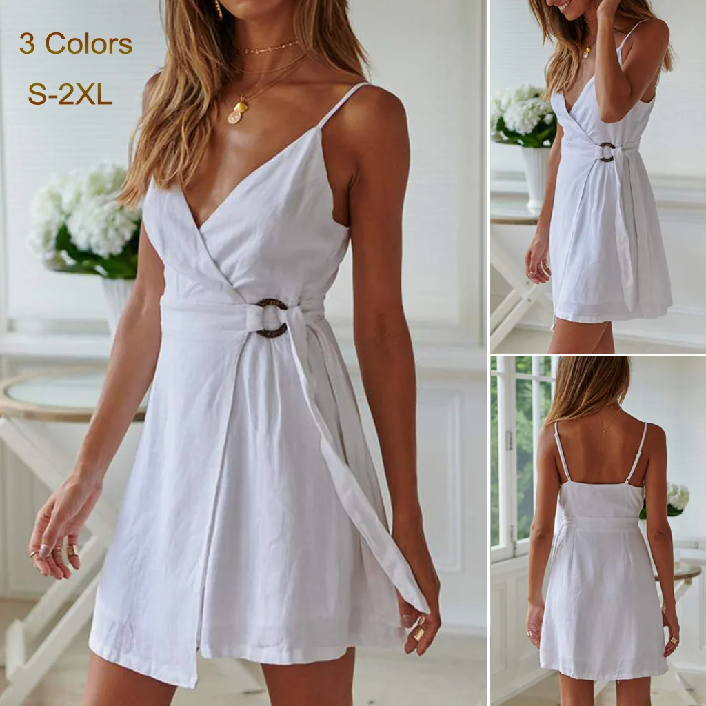 

2019 Spring and Summer New Europe and America V-neck Brace Pure Color Split Button Lace-up Women Summer Dresses